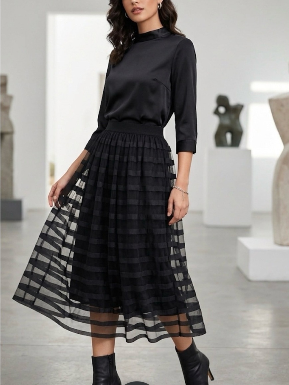 Metrowear Refined Black Tiered Midi Skirt with Sheer Stripes size M